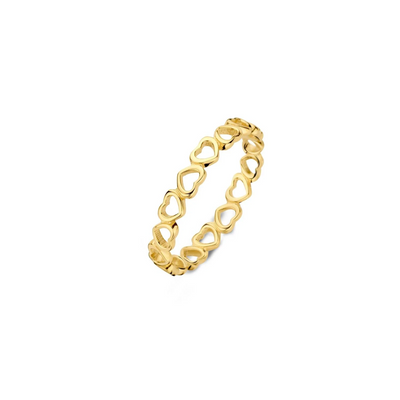 Jackie Gold | 14 karaat geelgouden ring rondom met opengewerkte hartjes | Corazon