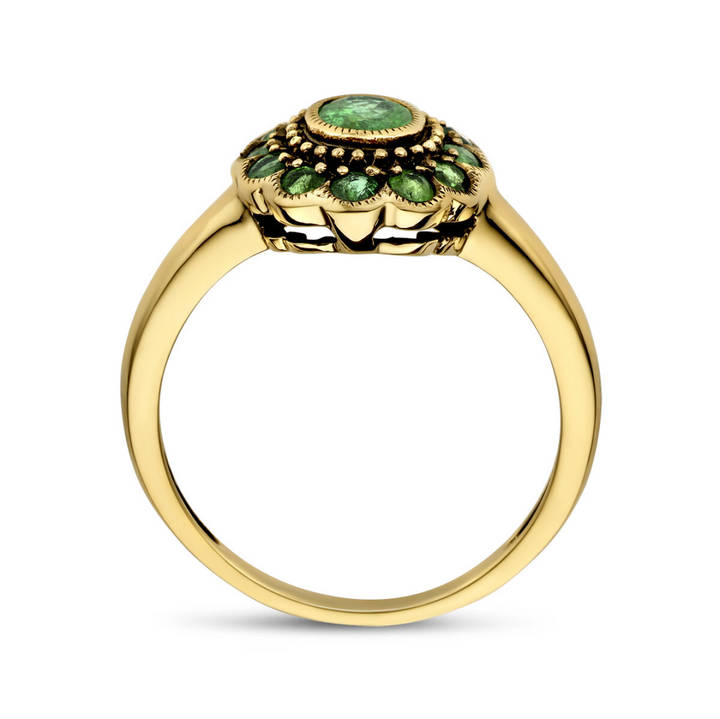 14 karaat geelgouden entourage damesring met Smaragd in Vintage look