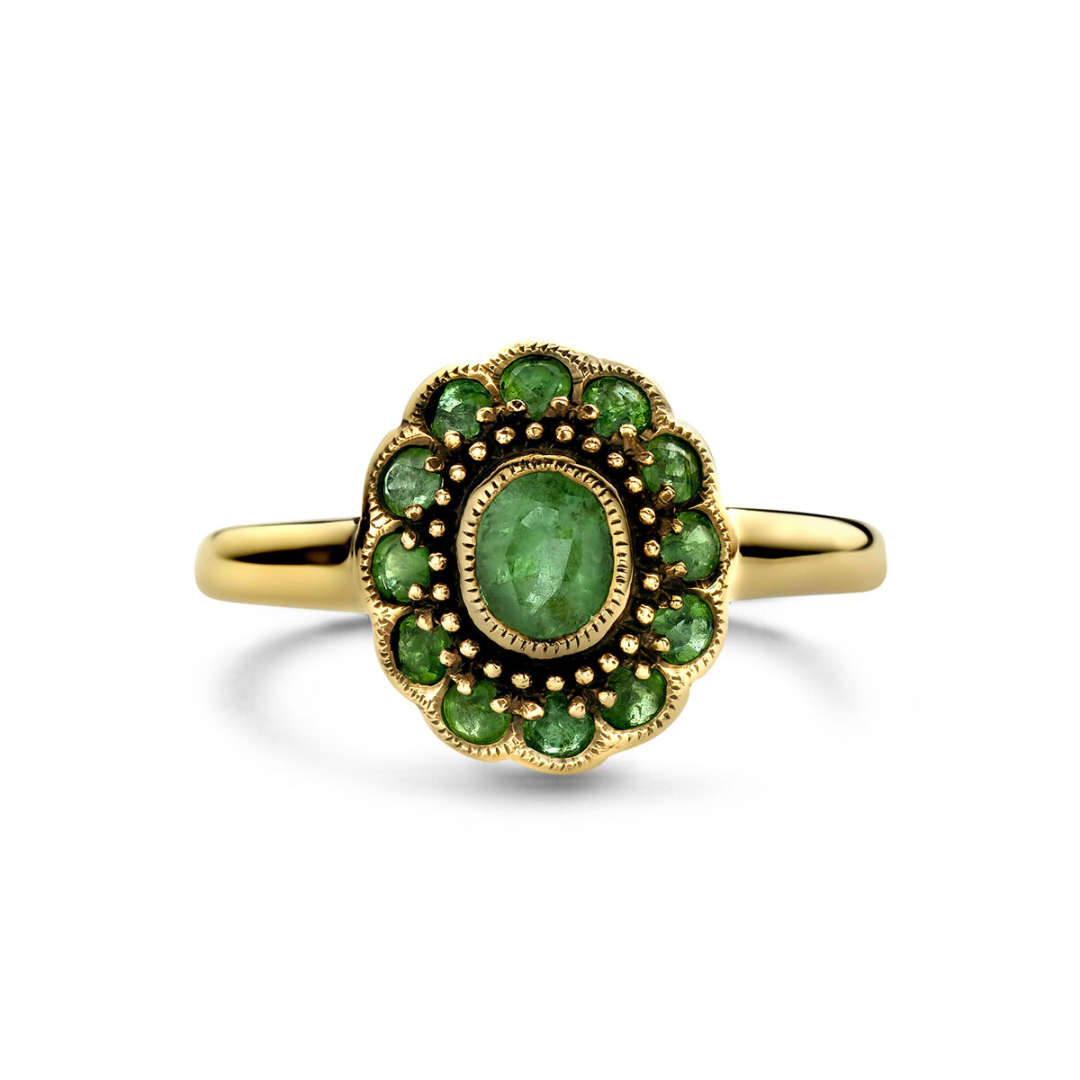 14 karaat geelgouden entourage damesring met Smaragd in Vintage look