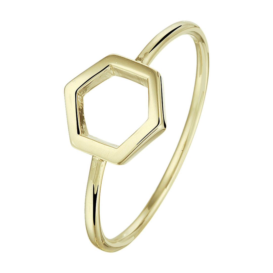 14 karaat geelgouden ring met open 6 hoek