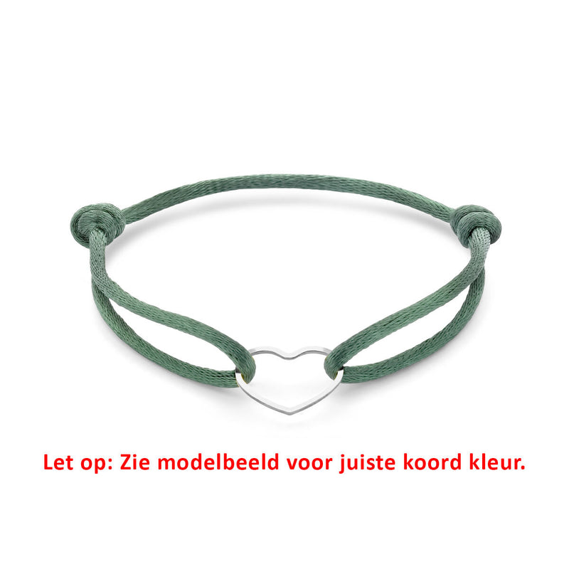 Basis | Donkergroen gevlochten armband uitgevoerd met gerhodineerd 925 zilveren hartje