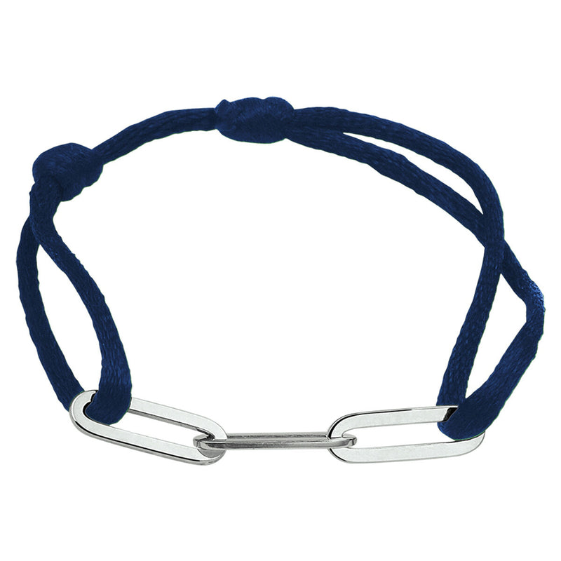 Basis | Donkerblauw gevlochten armband uitgevoerd met gerhodineerd 925 zilveren schakels met een breedte van 5mm