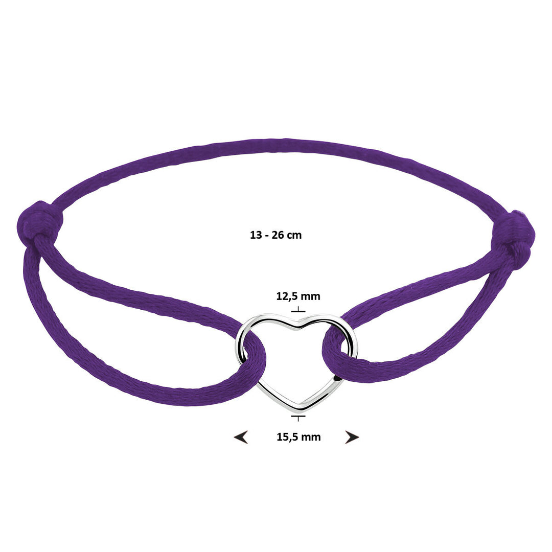 Basis | Paars gevlochten armband uitgevoerd met een gerhodineerd 925 zilveren hartje