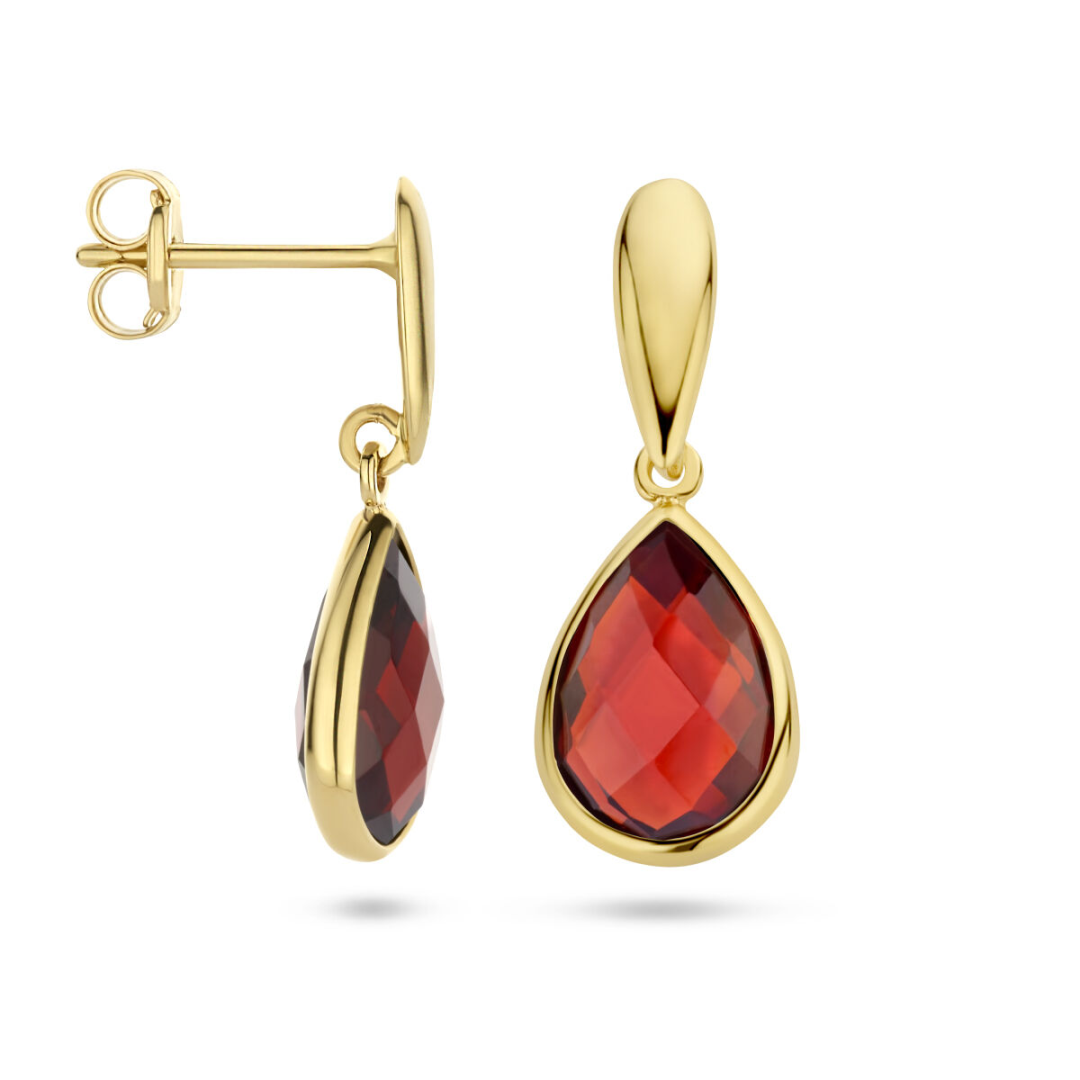 Basis | 14k Geelgouden oorhangers uitgevoerd met een schitterende granaat