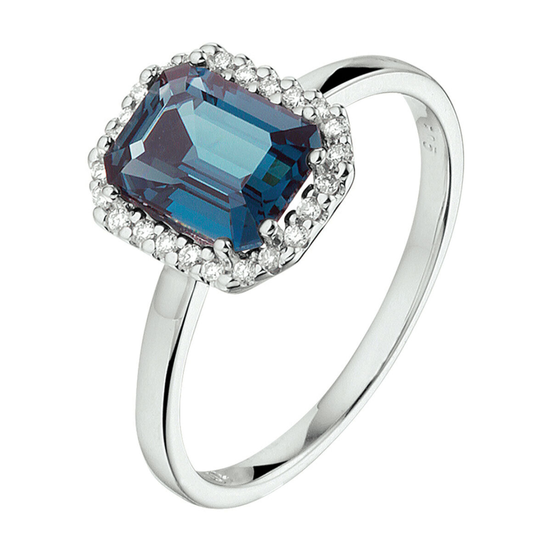 Basis | 14k Witgouden ring met schitterende London blue topaas en een diamant rij