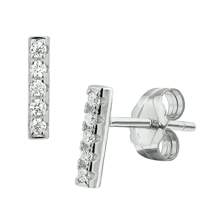 Basis | Gerhodineerd zilveren oorknoppen met een balkje en zirkonia