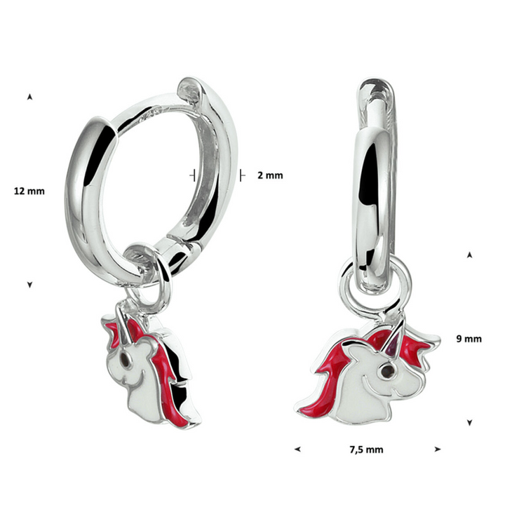 Basis | Schattige gerhodineerd zilveren oorringen uitgevoerd met een eenhoorn hanger in verschillende kleuren emaille