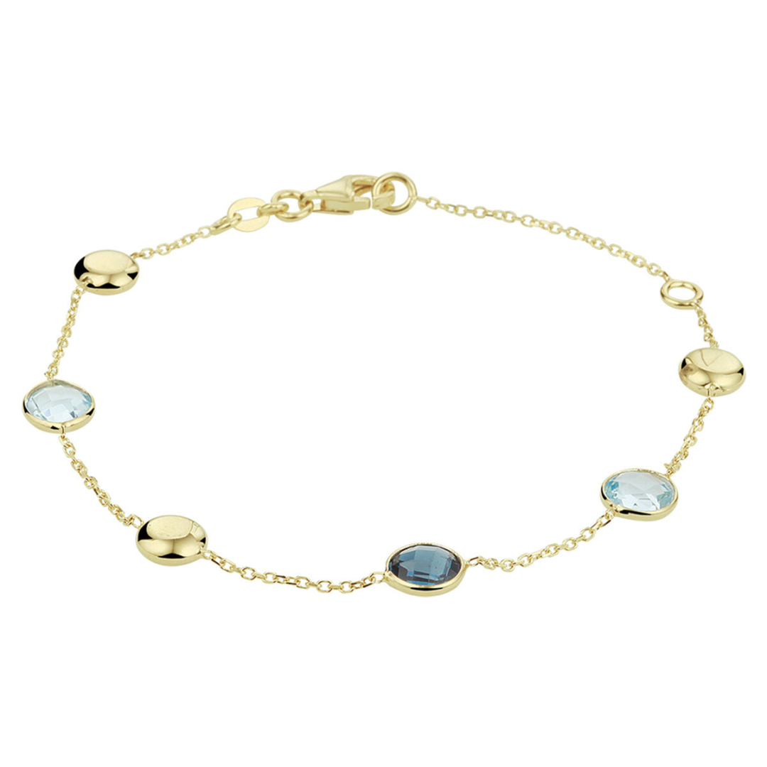 Basis | Stijlvolle 14k geelgouden anker armband uitgevoerd met poli afwerkte rondjes en een combinatie van blauw topaas en London Blue topaas stenen
