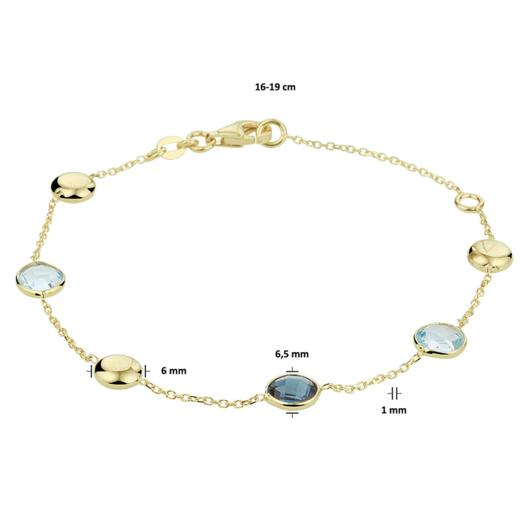 Basis | Stijlvolle 14k geelgouden anker armband uitgevoerd met poli afwerkte rondjes en een combinatie van blauw topaas en London Blue topaas stenen