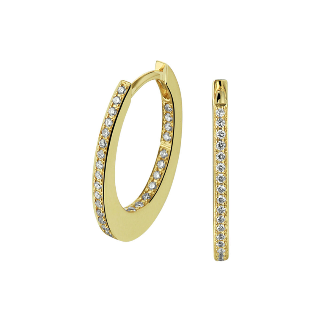 Basis | Stijlvolle geelgouden klapoorringen met een schitterende diamant rij en een poli afwerking