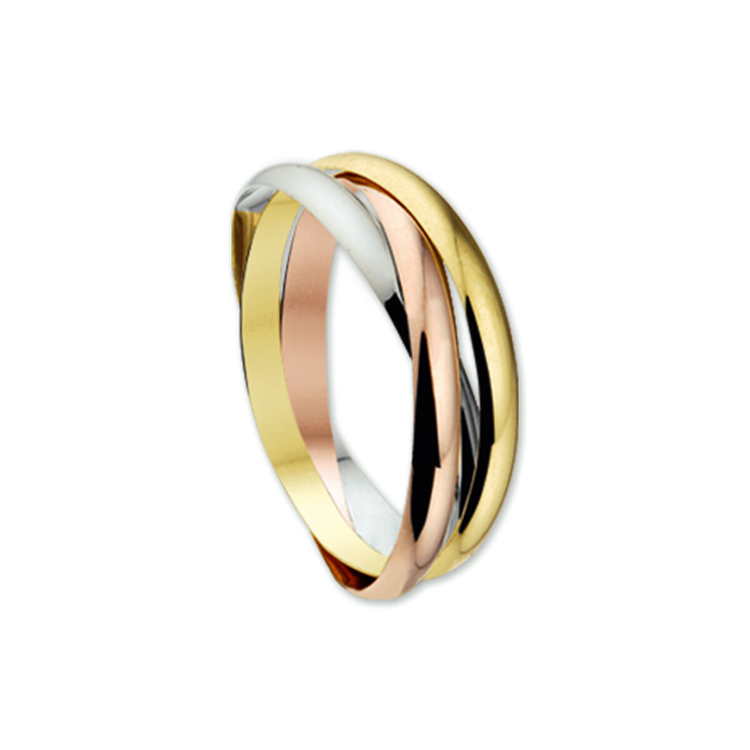 Basis | Tricolor wit- rose- en geelgouden ring bestaande uit 3 in elkaar geplaatste losse ringen