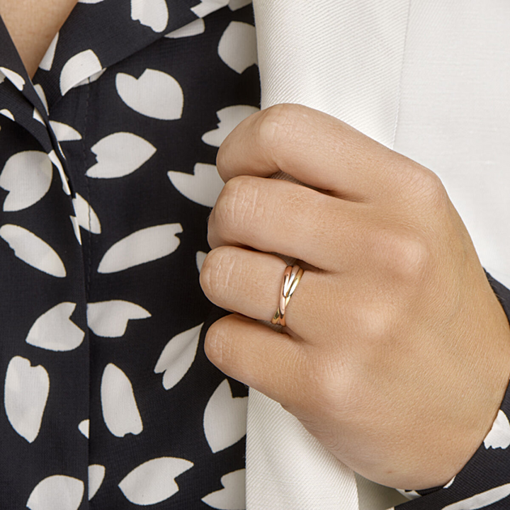 Basis | Tricolor wit- rose- en geelgouden ring bestaande uit 3 in elkaar geplaatste losse ringen