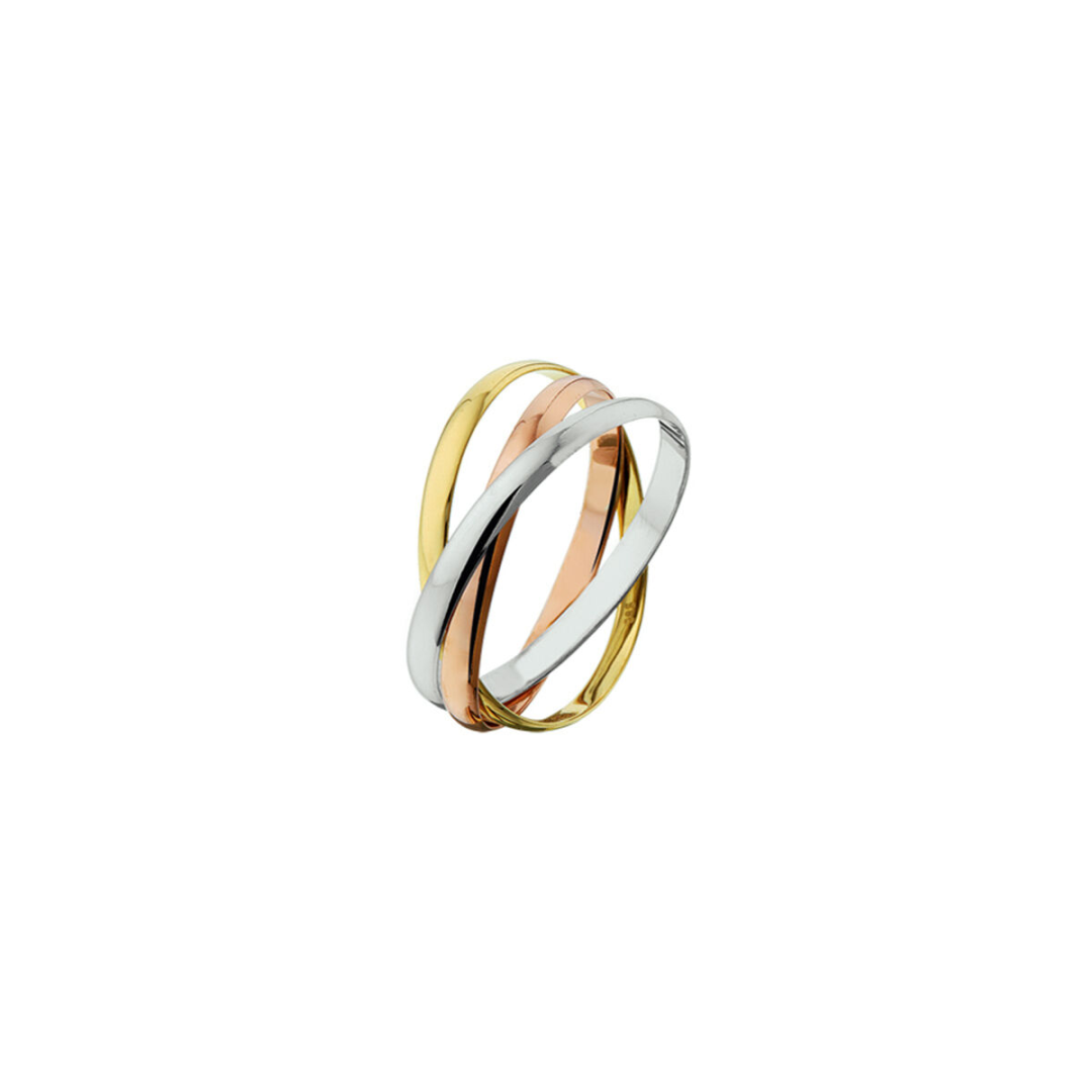 Basis | Tricolor wit- rose- en geelgouden ring bestaande uit 3 in elkaar geplaatste losse ringen