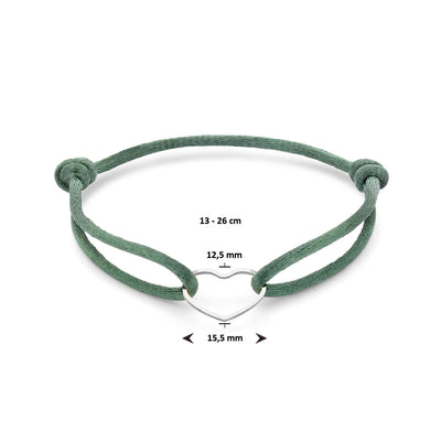 Basis | Donkergroen gevlochten armband uitgevoerd met gerhodineerd 925 zilveren hartje