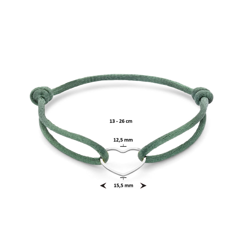 Basis | Donkergroen gevlochten armband uitgevoerd met gerhodineerd 925 zilveren hartje