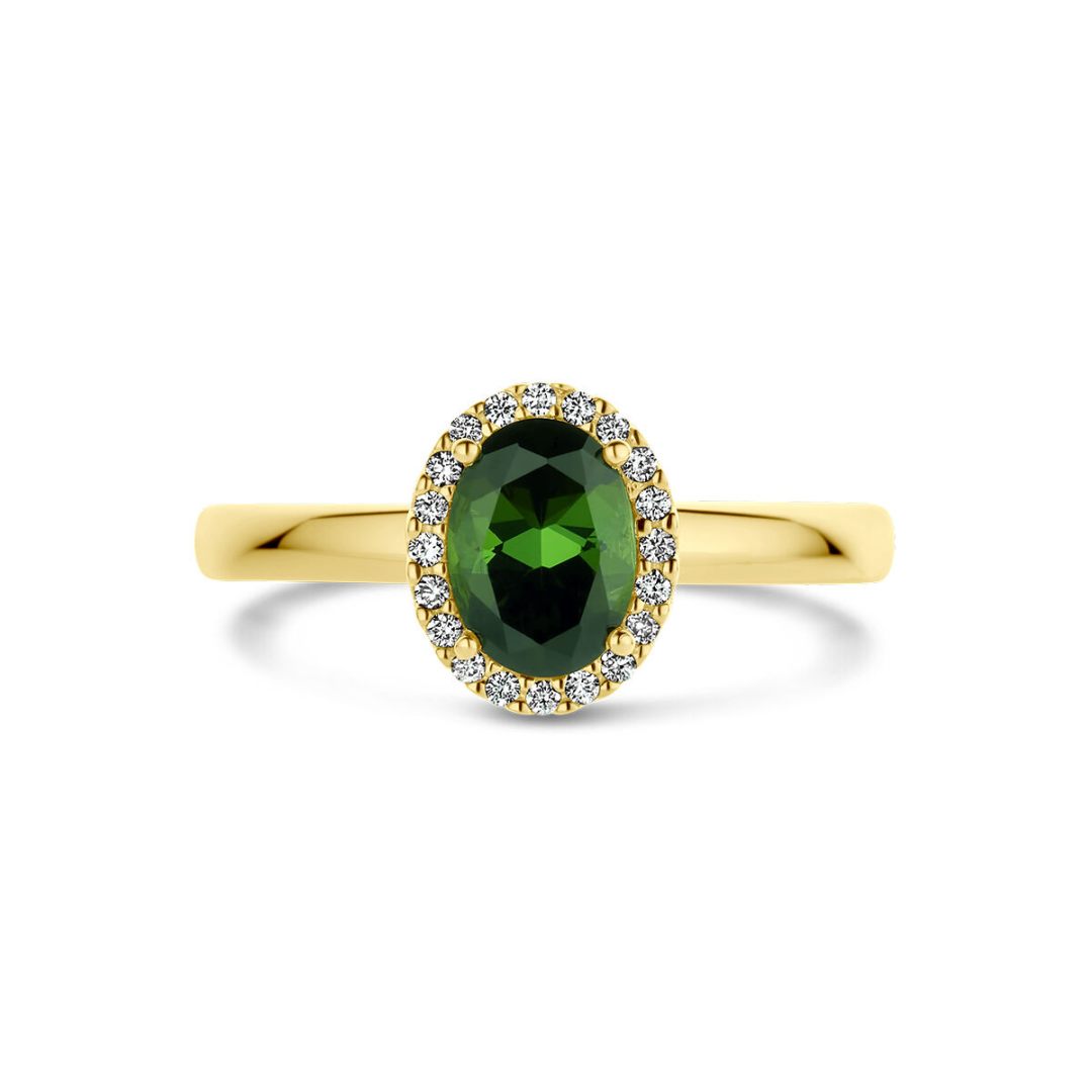 House of SIS | 14 karaat geelgouden entourage ring met een ovaal geslepen groen toermalijn en een diamant rij rondom