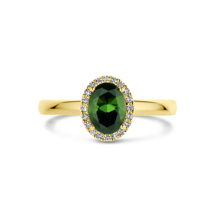 House of SIS | 14 karaat geelgouden entourage ring met een ovaal geslepen groen toermalijn en een diamant rij rondom