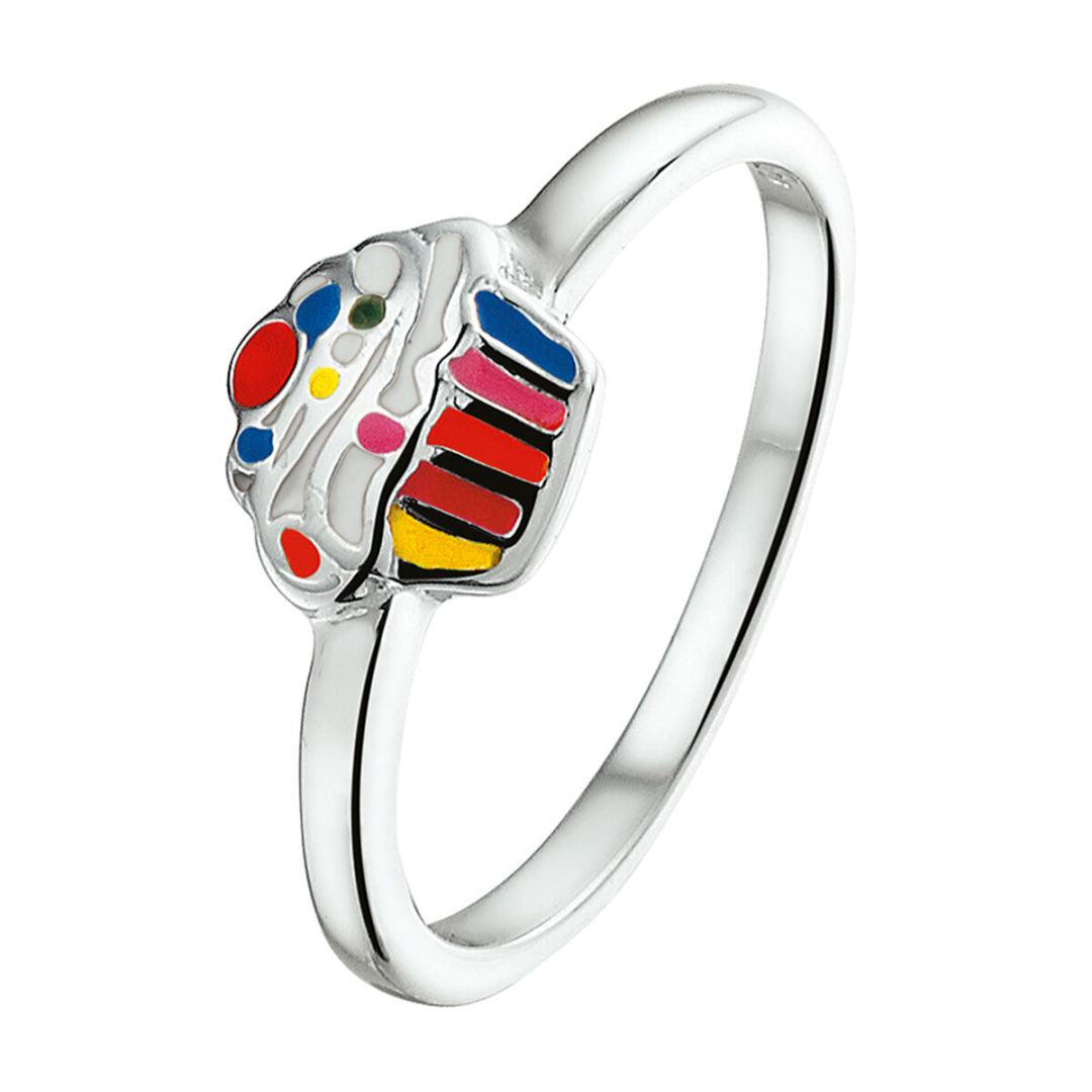 House of SIS | Gerhodineerd zilveren cupcake ring uitgevoerd met een kleurrijke emaille afwerking