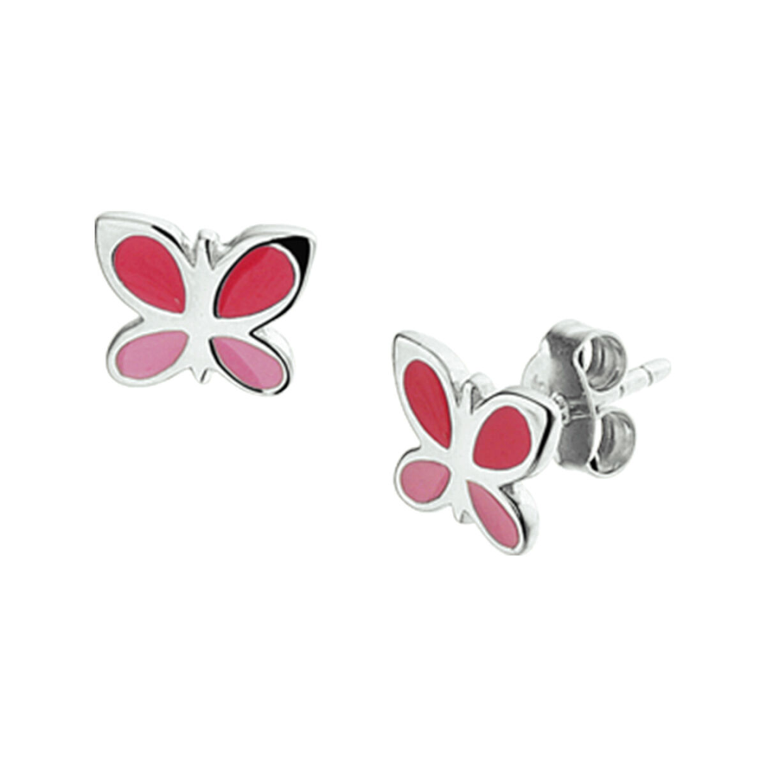 House of SIS | Gerhodineerd zilveren in rood en roze emaille uitgevoerde vlinder oorknoppen met een afmeting van 6mm