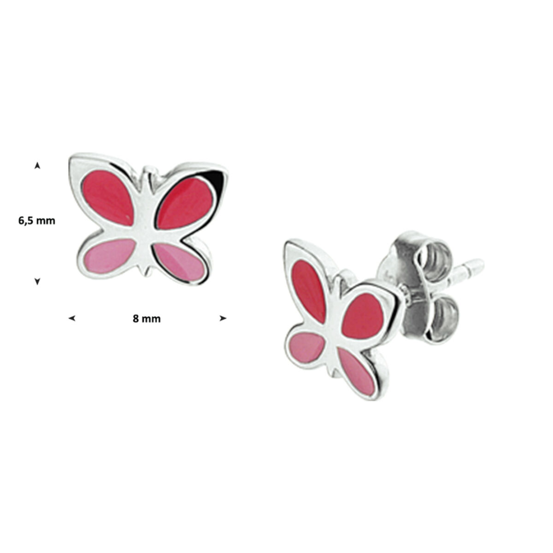 House of SIS | Gerhodineerd zilveren in rood en roze emaille uitgevoerde vlinder oorknoppen met een afmeting van 6mm