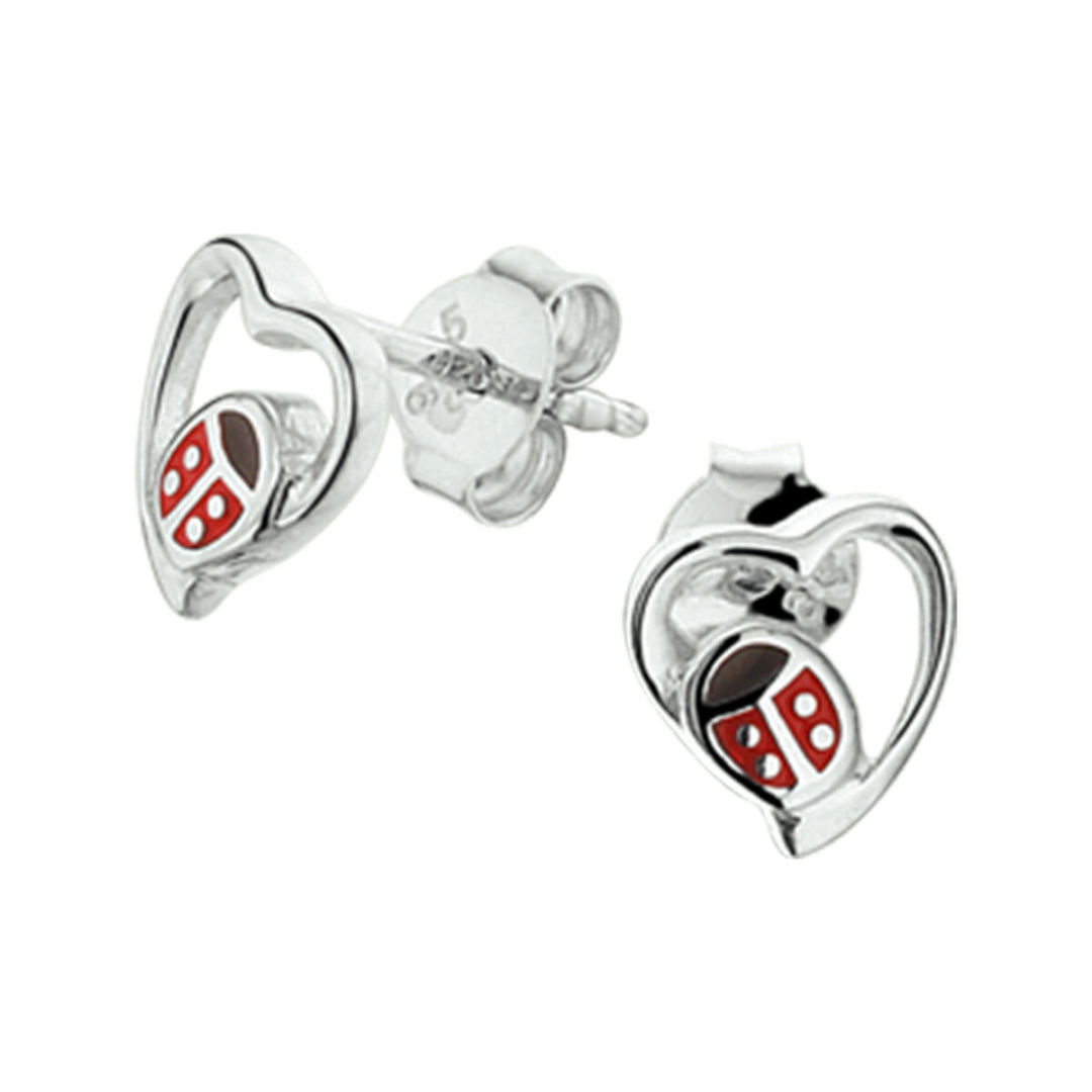 House of SIS | Gerhodineerd zilveren oorknoppen in de vorm van een hartje met een lieveheersbeestje in emaille