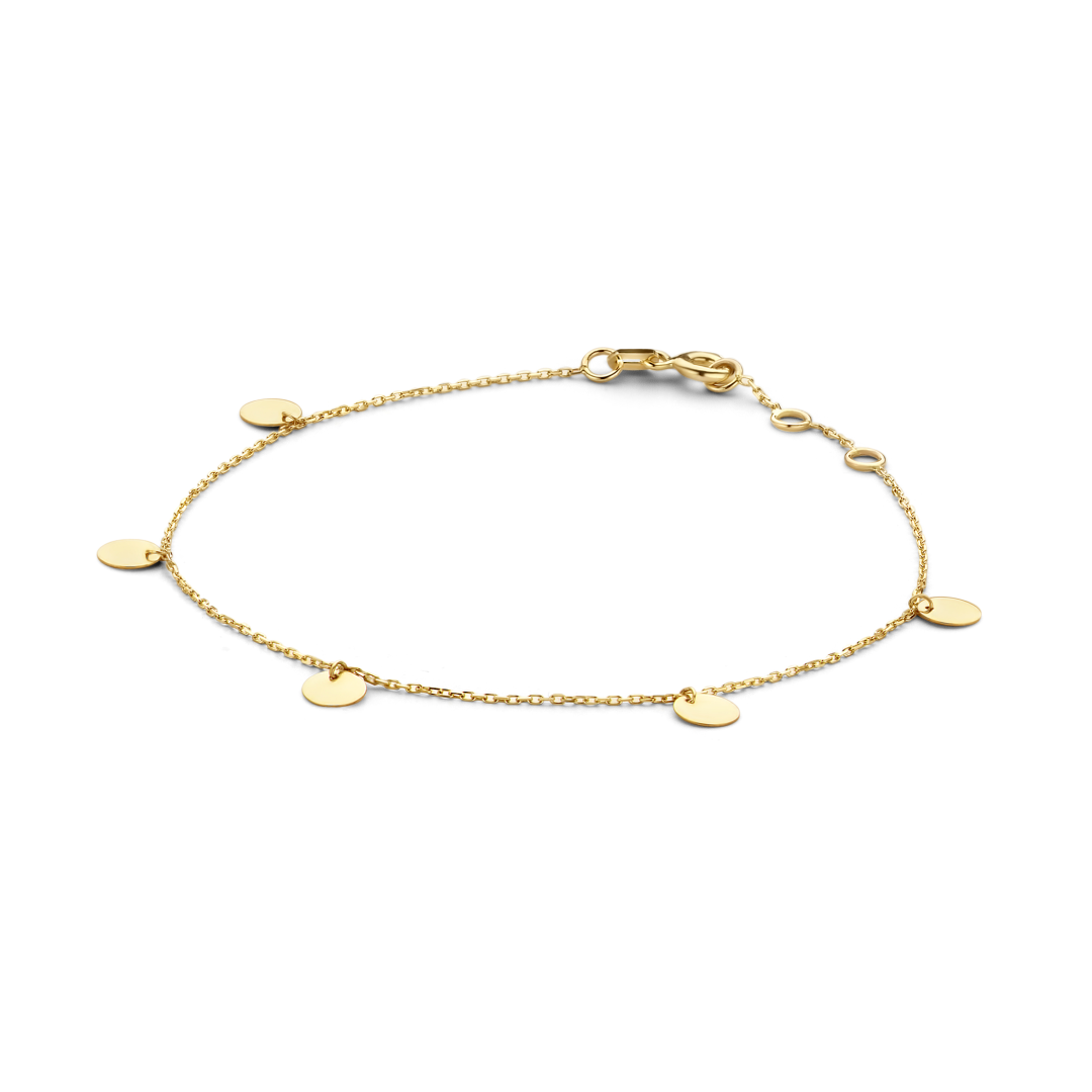 Jackie Gold | 14 karaat geelgouden armband met 5 ronde vlakke plaatjes | Discs