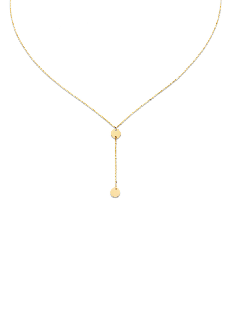 Jackie Gold | 14 karaat geelgouden collier in Y vorm met 2 schijfjes eraan | Long Drop Y