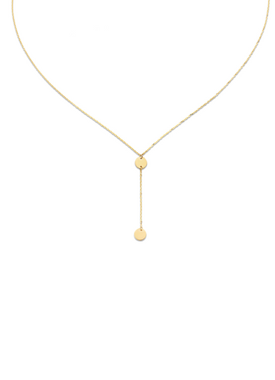 Jackie Gold | 14 karaat geelgouden collier in Y vorm met 2 schijfjes eraan | Long Drop Y