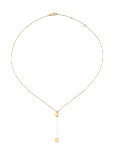 Jackie Gold | 14 karaat geelgouden collier in Y vorm met 2 schijfjes eraan | Long Drop Y
