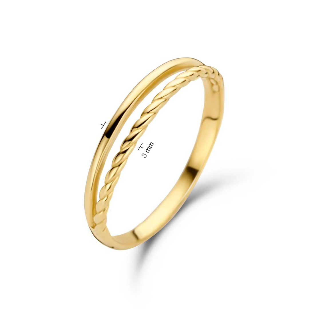 Jackie Gold | 14 karaat geelgouden ring met een gedraaid en een glad deel | Twister Twin