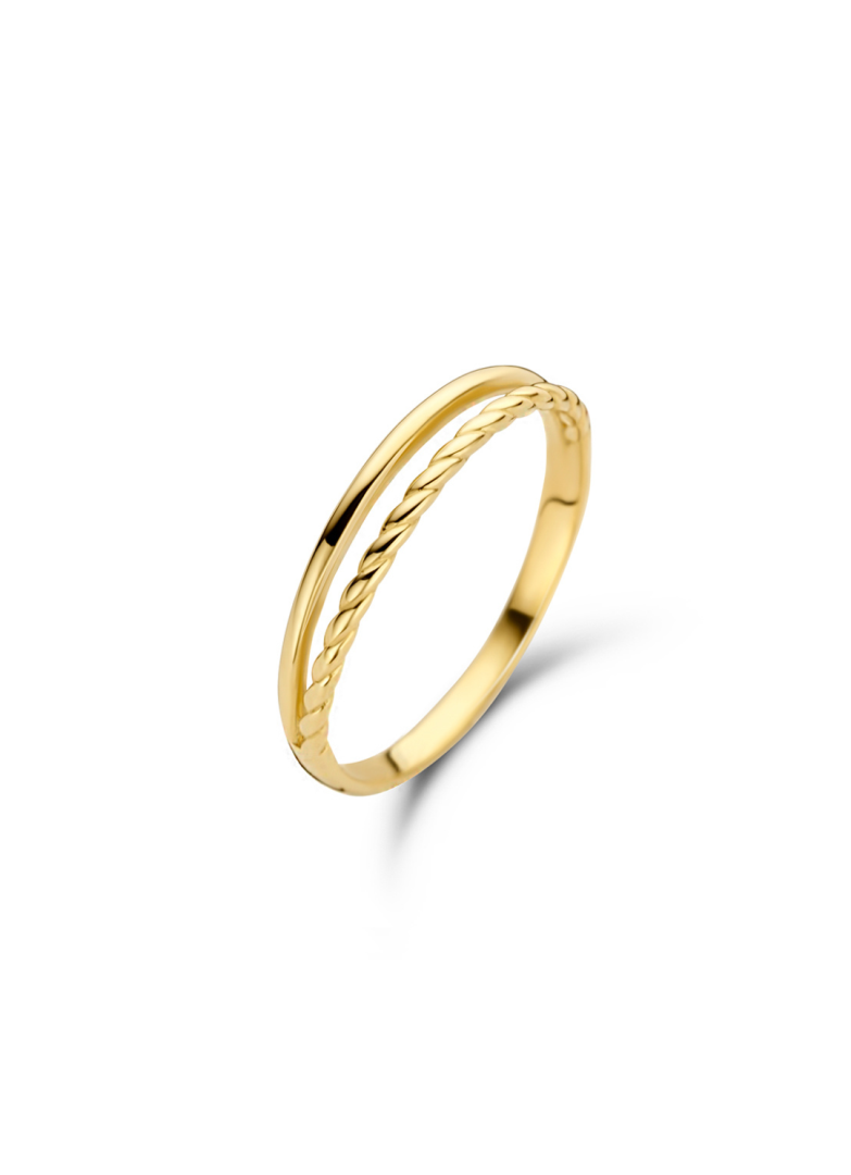 Jackie Gold | 14 karaat geelgouden ring met een gedraaid en een glad deel | Twister Twin