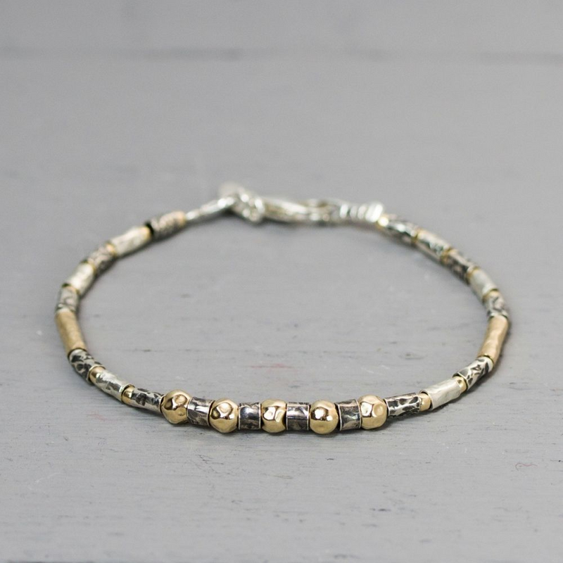 Jeh Jewels | Zilveren armband afgewisseld met geoxideerde en goldfilled schakels in de vorm van buisjes en balletjes
