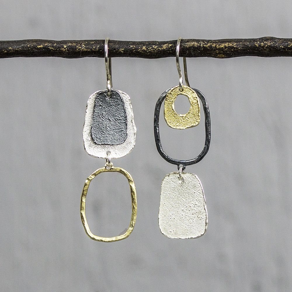 Jeh Jewels | Zilveren oorhangers wisselend van vorm met deels met goldfilled en geoxideerd zilver