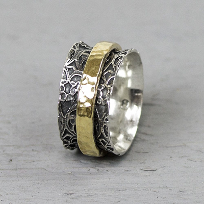 Jeh Jewels | Zilveren ring deels geoxideerd en met kant patroon en deels goldfilled