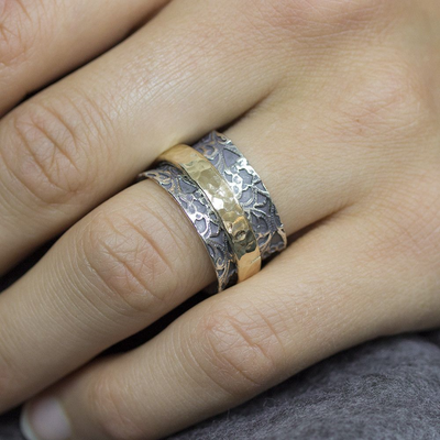 Jeh Jewels | Zilveren ring deels geoxideerd en met kant patroon en deels goldfilled