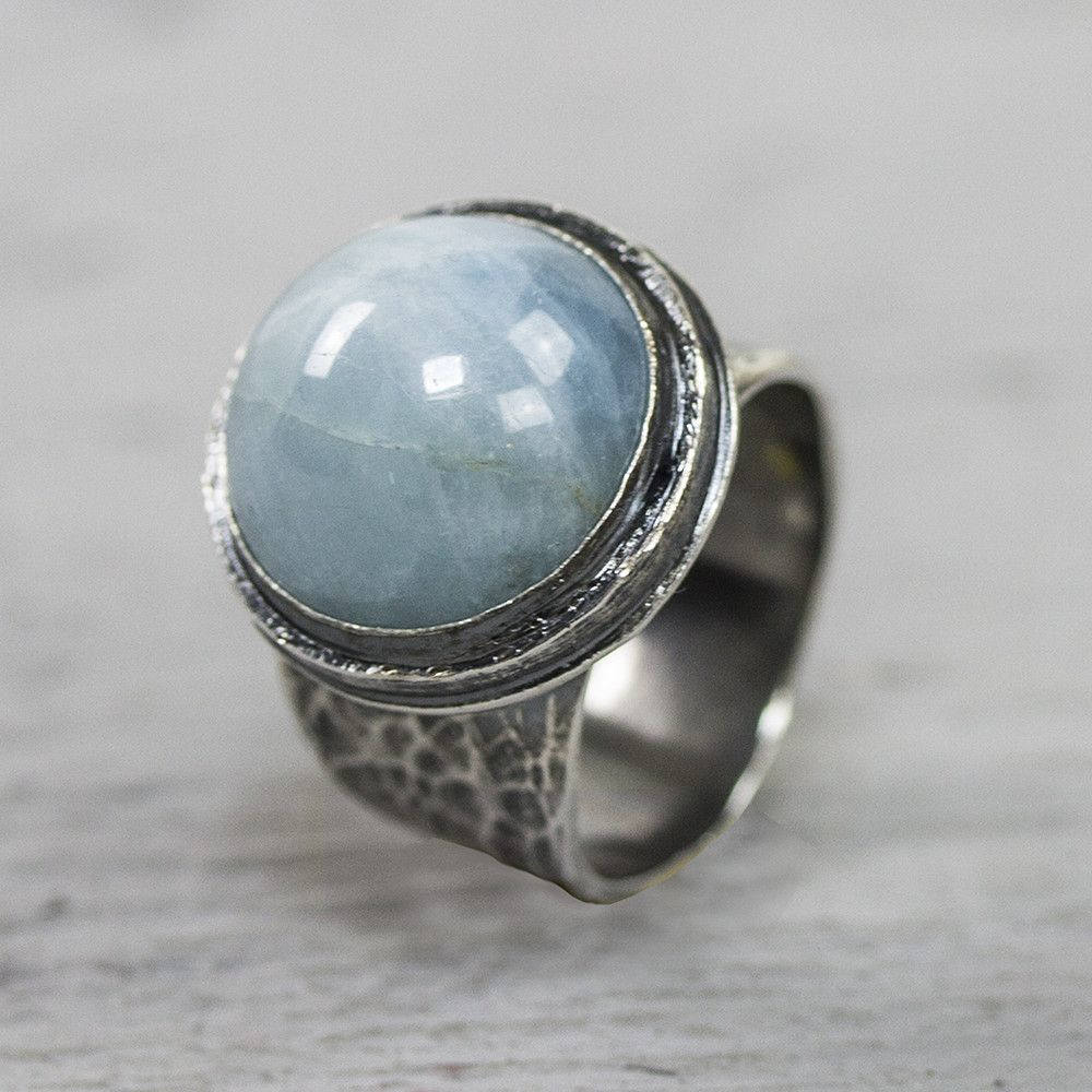 Jeh Jewels | Zilveren ring geoxideerd met cabochon geslepen aquamarijn