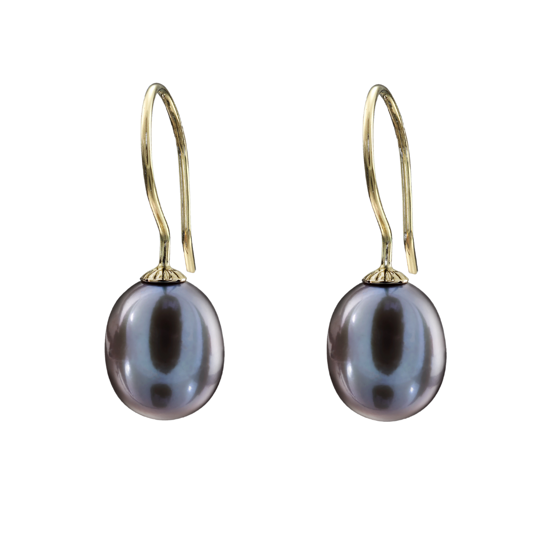 Snoepjes | 14 karaat geelgouden grijze zoetwaterparel oorhangers | druppelvormig