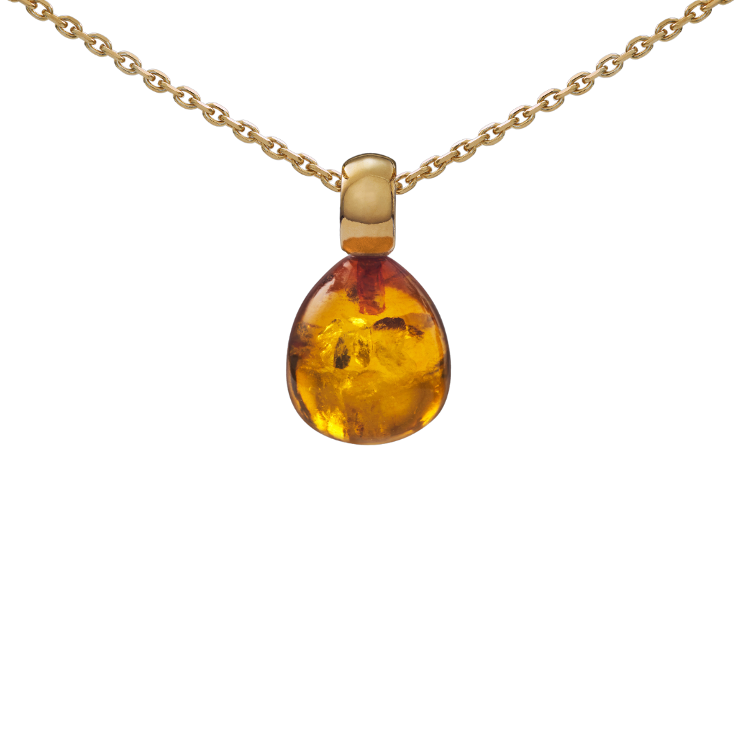 Snoepjes | 14 karaat geelgouden hanger met barnsteen | druppelvormig 12 x 10 mm | met klein oog