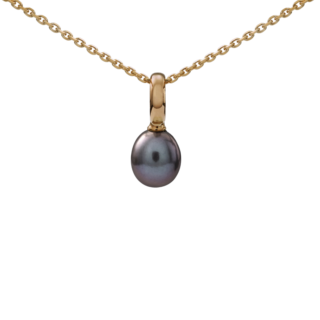 Snoepjes | 14 karaat geelgouden hanger met grijze parel | druppelvormig 7,5 x 8 mm | met groot oog