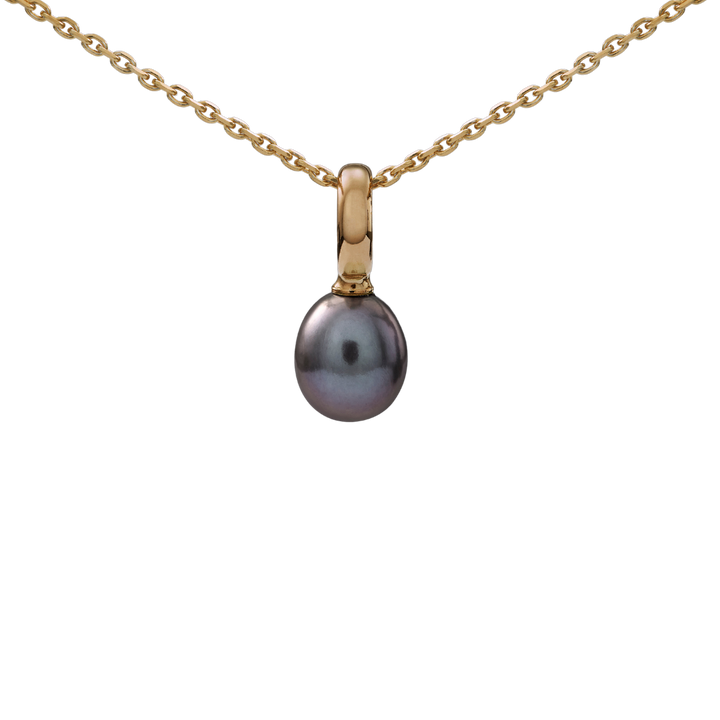 Snoepjes | 14 karaat geelgouden hanger met grijze parel | druppelvormig 7,5 x 8 mm | met groot oog