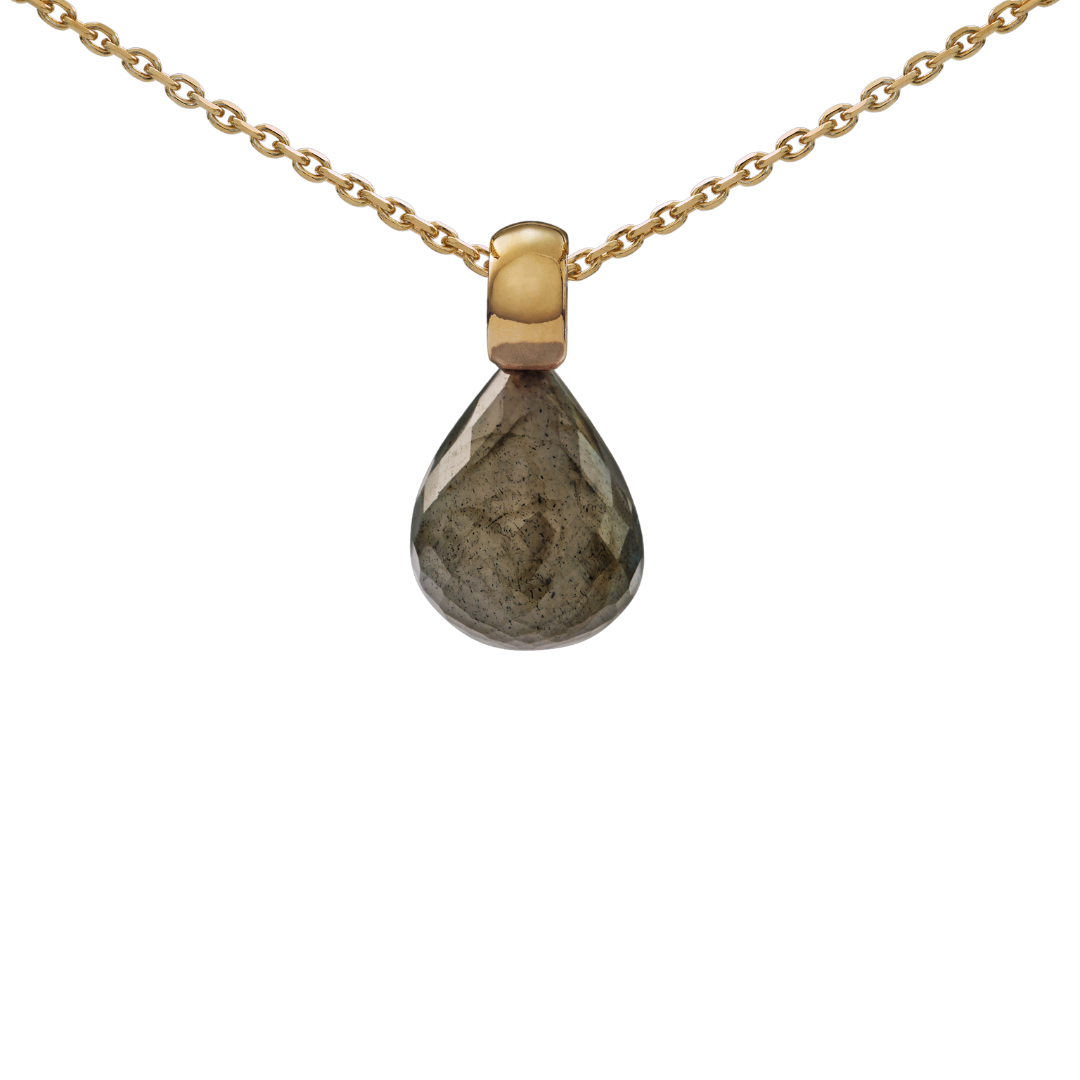 Snoepjes | 14 karaat geelgouden hanger met labradoriet | druppelvormig 12 x 10 mm | met klein oog