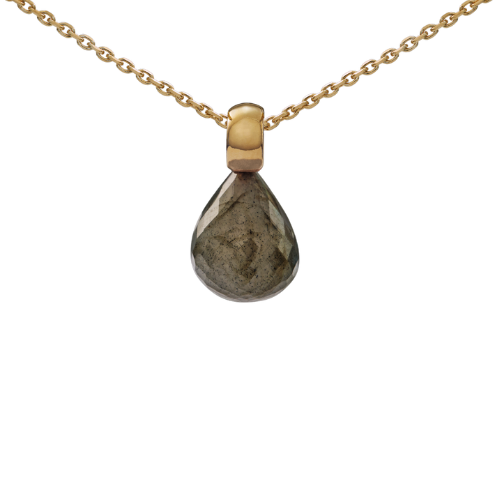 Snoepjes | 14 karaat geelgouden hanger met labradoriet | druppelvormig 12 x 10 mm | met klein oog