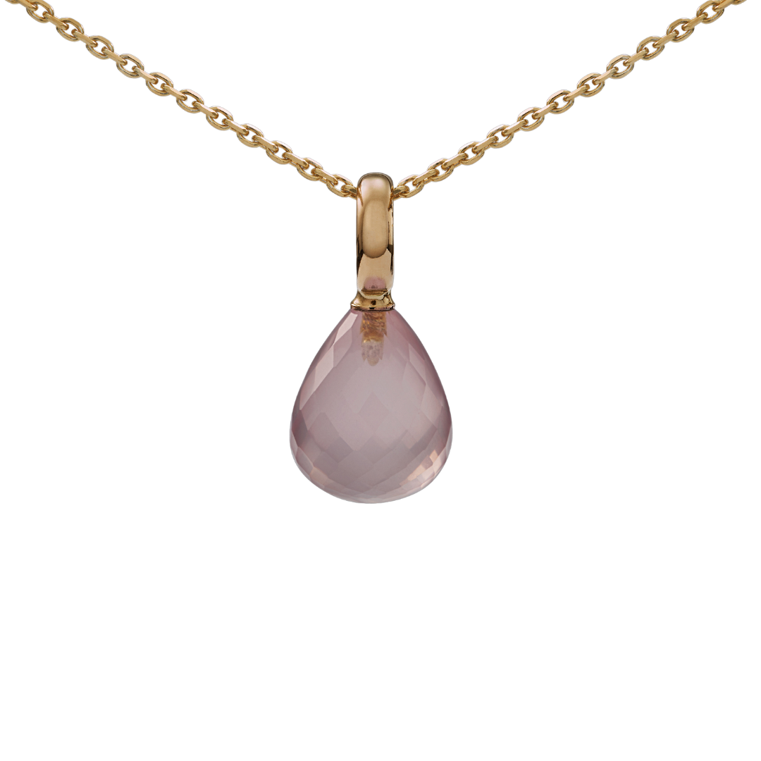 Snoepjes | 14 karaat geelgouden hanger met rozenkwarts | druppelvormig 12 x 10 mm | met groot oog