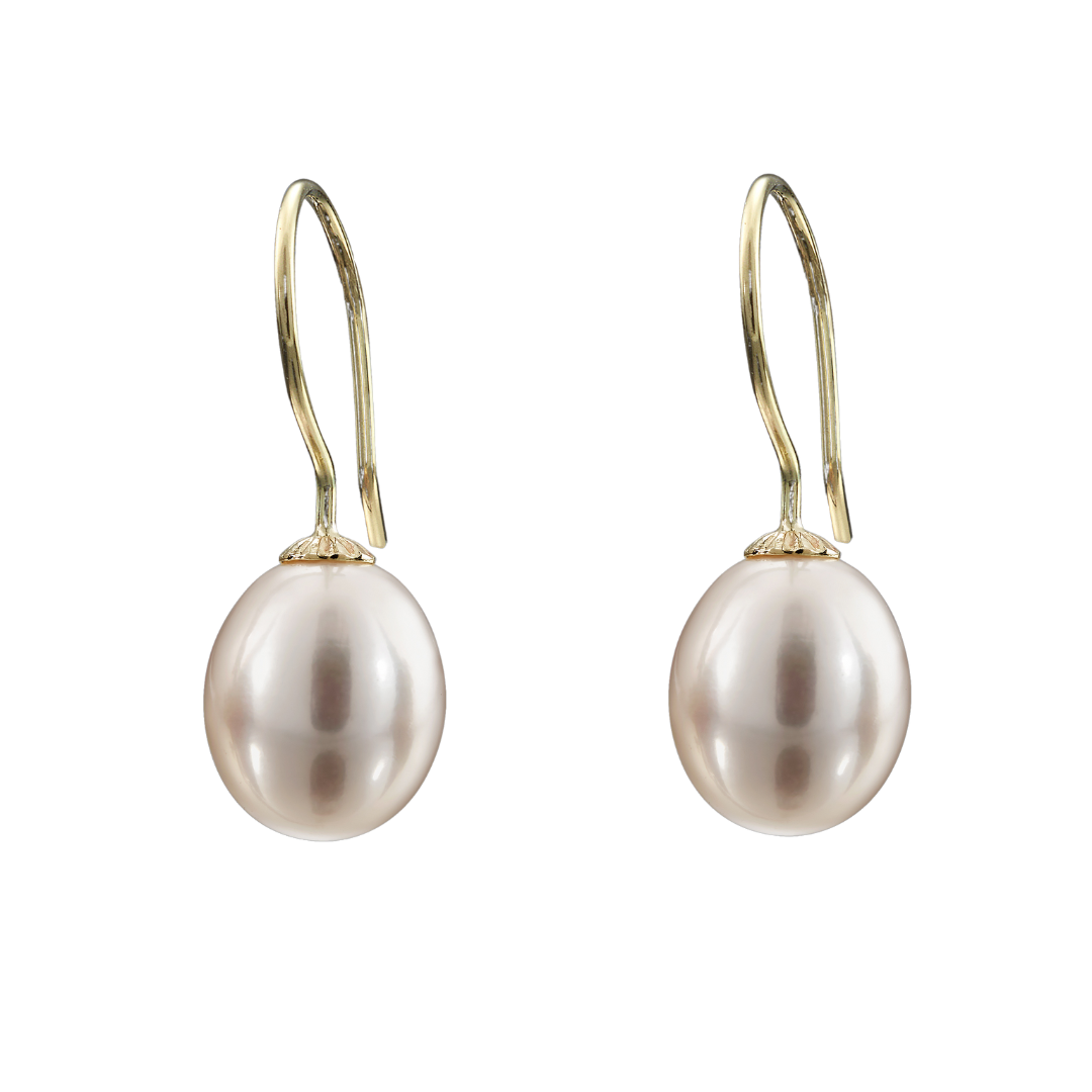 Snoepjes | 14 karaat geelgouden witte zoetwaterparel oorhangers | druppelvormig