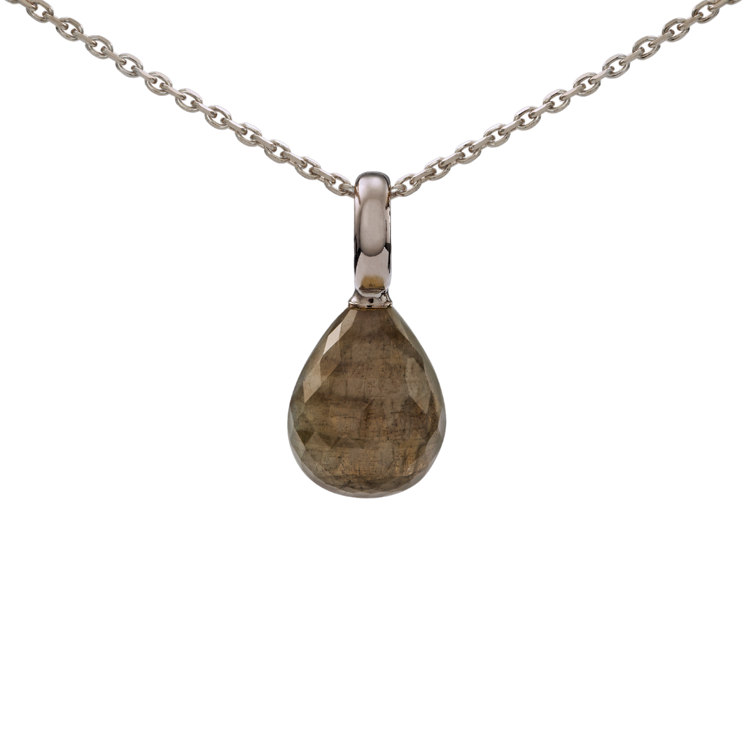 Snoepjes | 14 karaat witgouden hanger met labradoriet | druppelvormig 12 x 10 mm | met groot oog