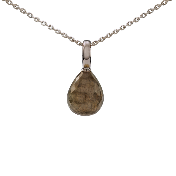 Snoepjes | 14 karaat witgouden hanger met labradoriet | druppelvormig 12 x 10 mm | met groot oog