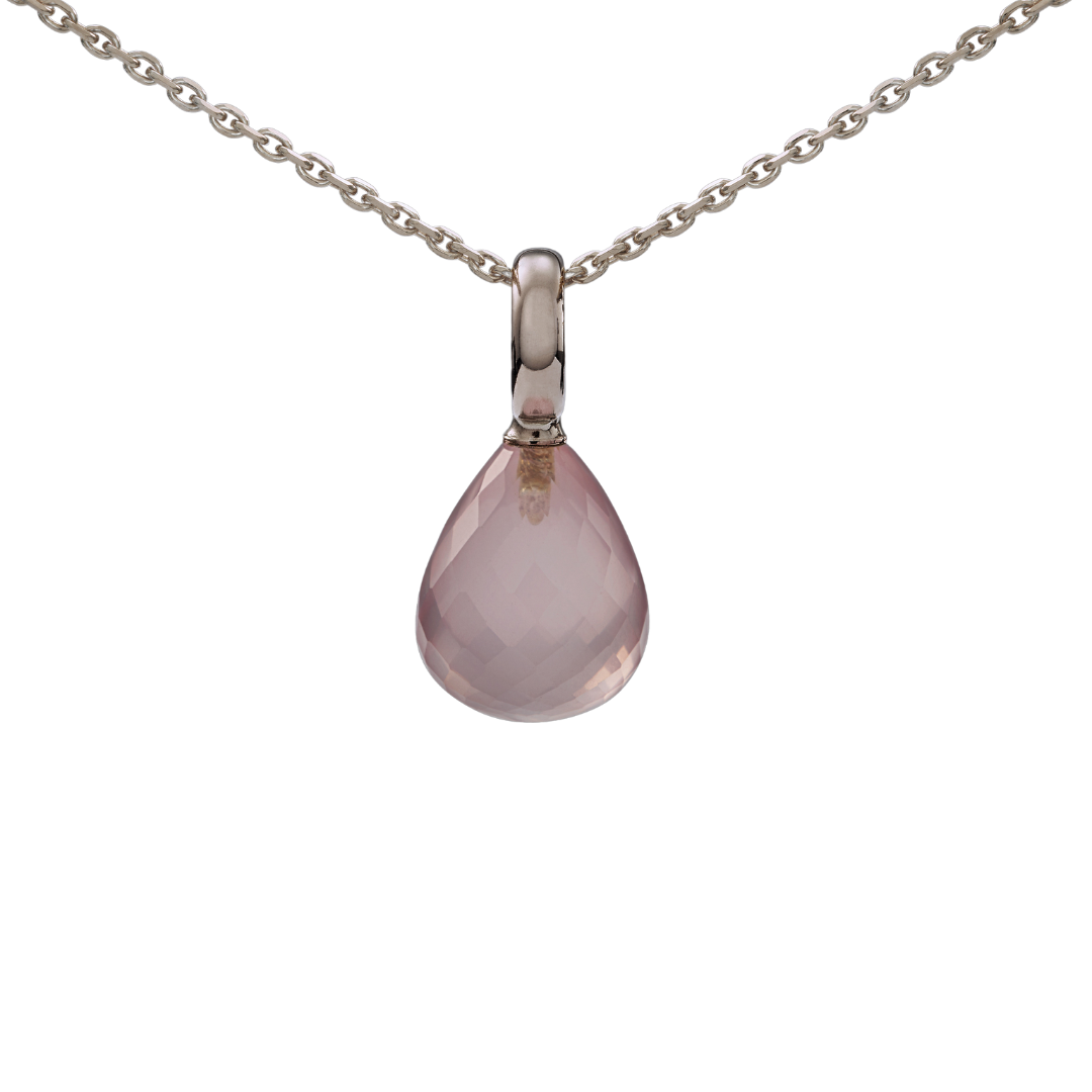 Snoepjes | 14 karaat witgouden hanger met rozenkwarts | druppelvormig 12 x 10 mm | met groot oog