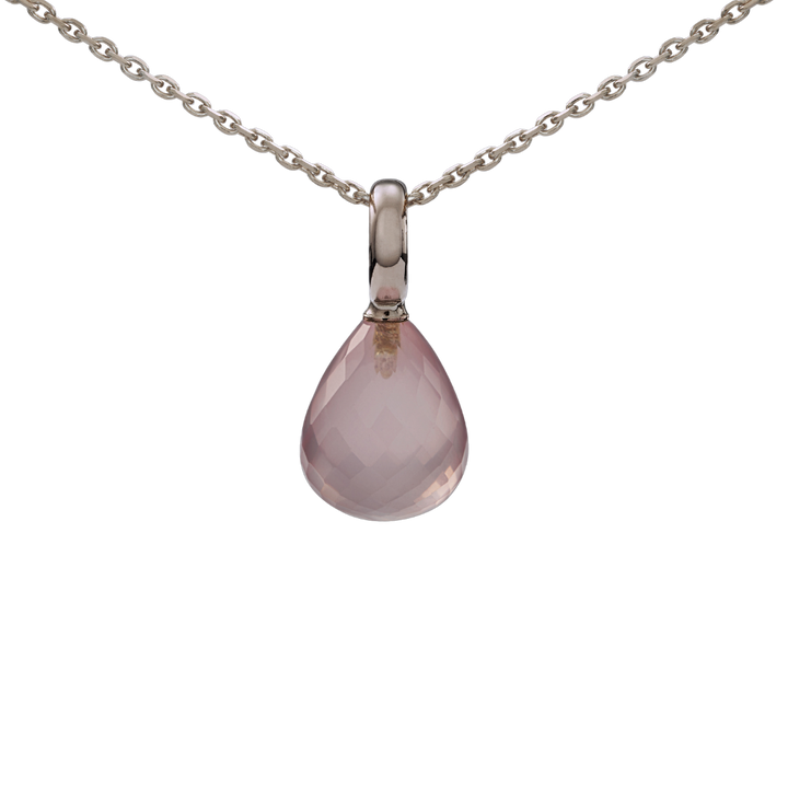 Snoepjes | 14 karaat witgouden hanger met rozenkwarts | druppelvormig 12 x 10 mm | met groot oog