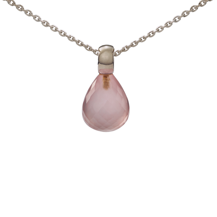 Snoepjes | 14 karaat witgouden hanger met rozenkwarts | druppelvormig 12 x 10 mm | met klein oog