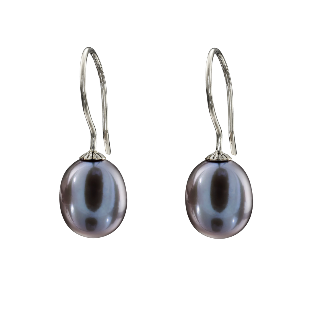 Snoepjes | 14 karaat witgouden oorhangers met donker grijze zoetwaterparel | druppelvormig